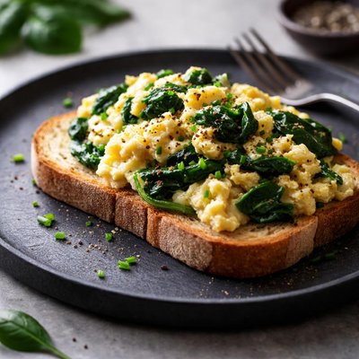Scrambled eggs with spinach on toast
