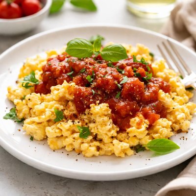 Scrambled eggs with tomato sauce
