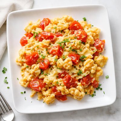 Scrambled eggs with tomatoes and cheese