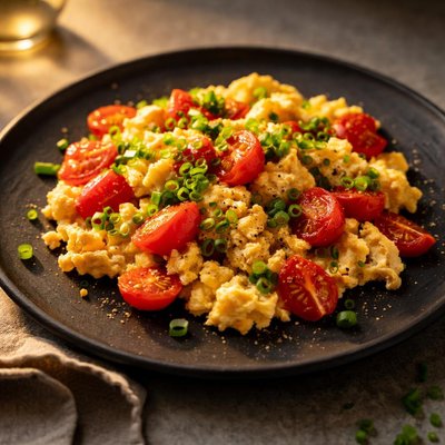 Scrambled eggs with tomatoes and green onions
