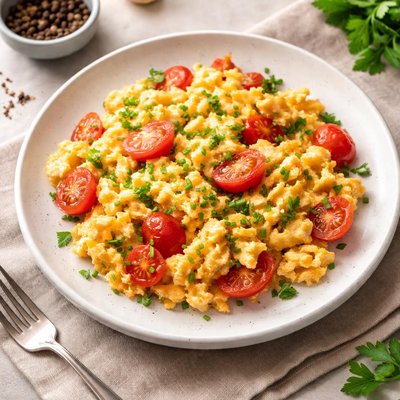 Scrambled eggs with tomatoes and herbs