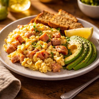Huevos revueltos con jamón de pavo y aguacate