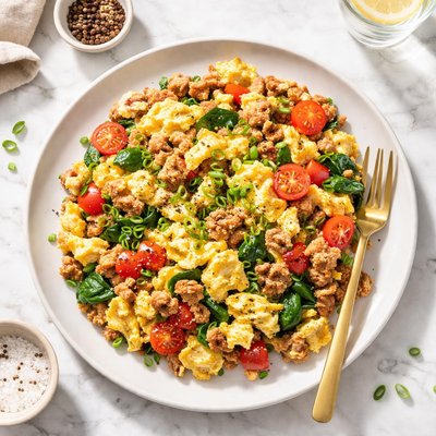 Huevos revueltos con verduras y carne molida