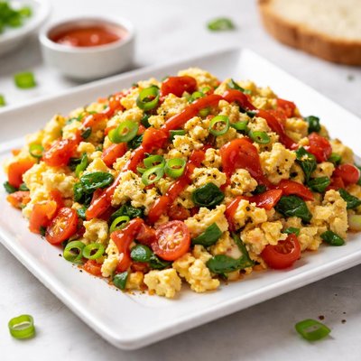Huevos revueltos con verduras y salsa picante