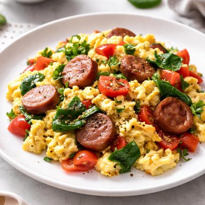 Scrambled eggs with vegetables and sausage