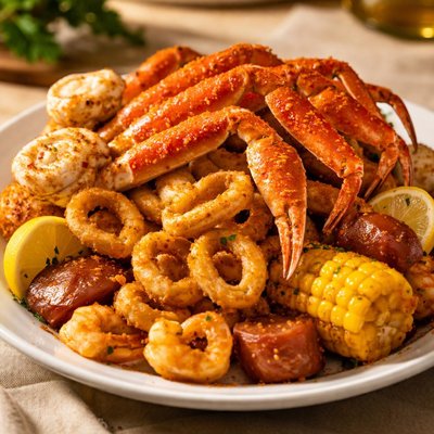 Sea food boil at vodoo crab snow crab legs and calamari