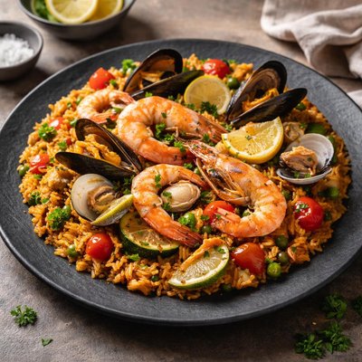 Seafood and veggie paella