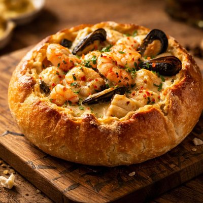 Seafood bake in bread