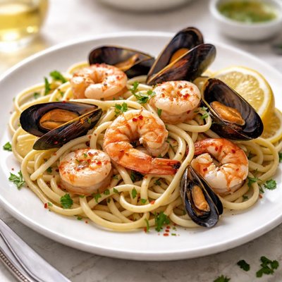 Seafood pasta with white wine sauce