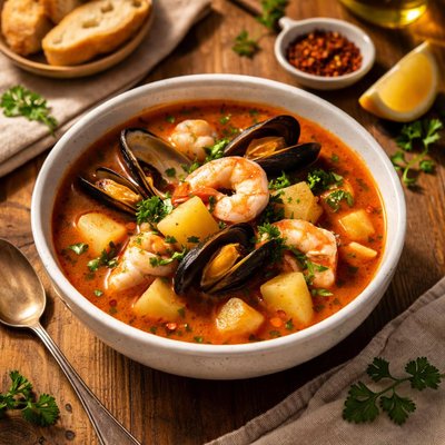 Seafood soup with potatoes