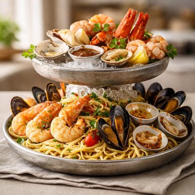 Seafood tower with pasta