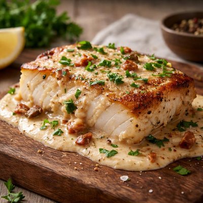 Seared cod in cream sauce