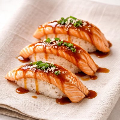 Seared salmon nigiri with sauce