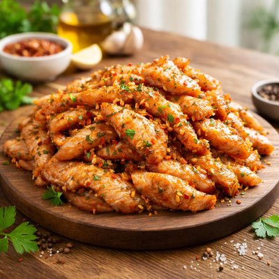 Seasoned and marinated chicken slices
