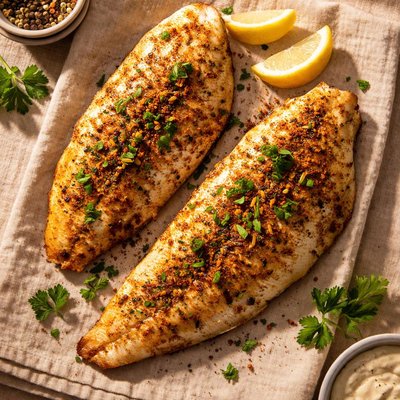 Seasoned baked catfish fillet