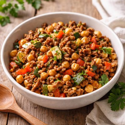 用调味过的碎牛肉和蔬菜和鹰嘴豆