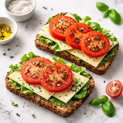 Seed bread sandwich with cheese and tomato