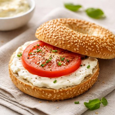 Sesame bagel with cream cheese and a slice of tomato