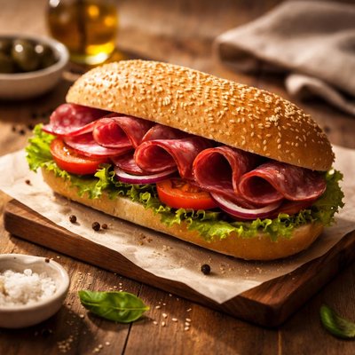 Sesame seed roll with salami
