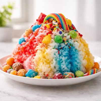 Ghiaccio tritato con sciroppo e caramelle