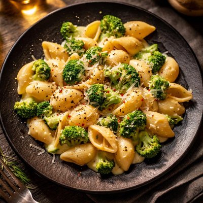 Shell pasta with broccoli and cheese sauce