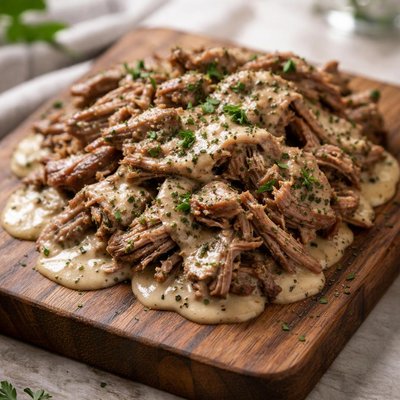 Shredded beef with creamy sauce