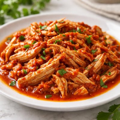 Pollo deshebrado en salsa roja.