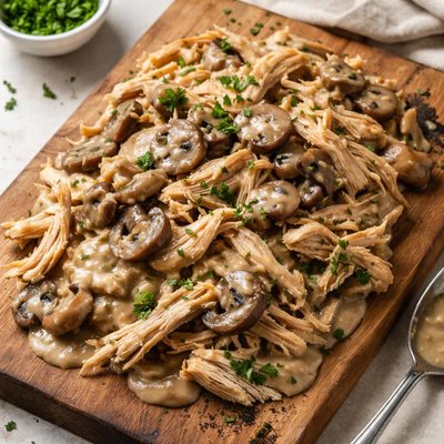 Shredded chicken with mushroom gravy