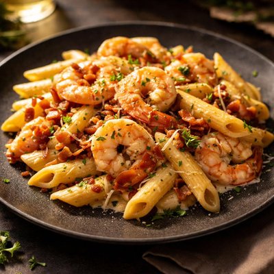 Shrimp and bacon creamy penne