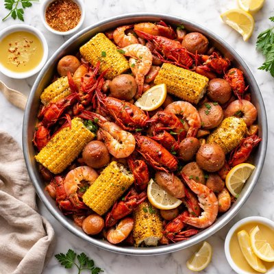 Camarones y cangrejo de río hervidos con maíz y papas