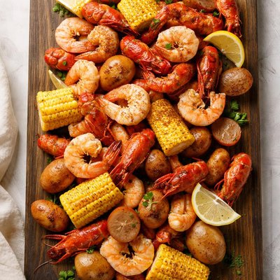 虾和小龙虾煮配玉米和土豆