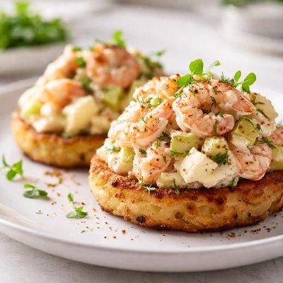 Shrimp and egg salad on potato cakes