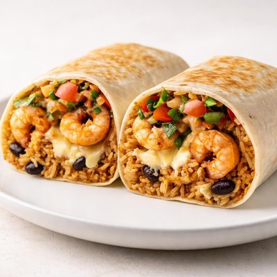 Shrimp burrito with rice and cheese
