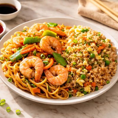 虾捞面和炒饭组合