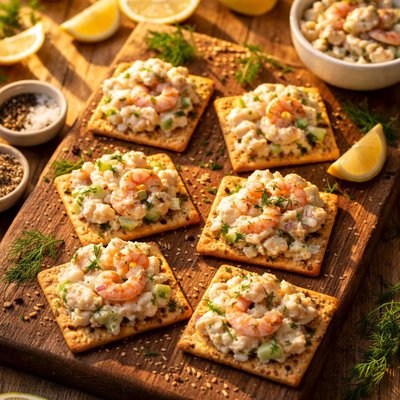 Shrimp salad on crackers