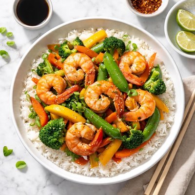 Shrimp stir-fry with vegetables and rice