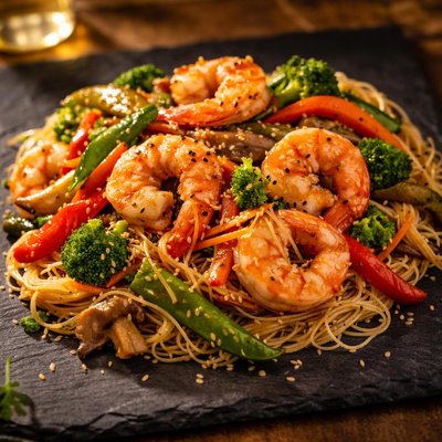 Shrimp stir fry with vegetables and angel hair pasta