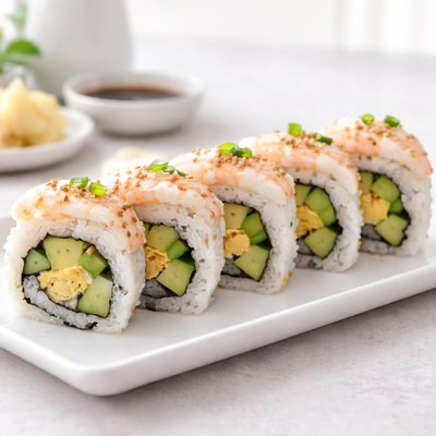 Shrimp sushi roll with tamago and avocado