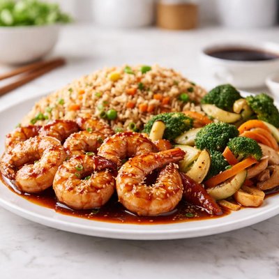 Shrimp tepanyaki with fried rice and vegetables