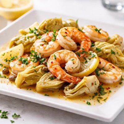 Shrimp with artichokes in lemon sauce