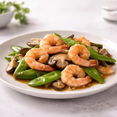 Shrimp with snow peas and mushrooms