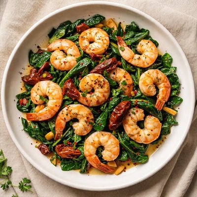 Shrimp with sun-dried tomatoes and spinach