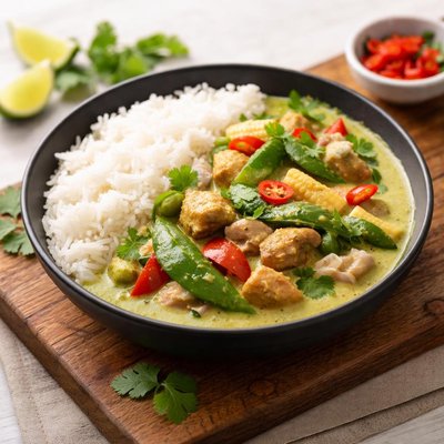 Curry verde tailandés con arroz