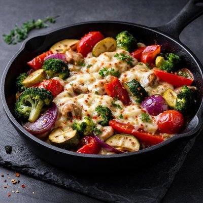 Skillet with vegetables and cheese