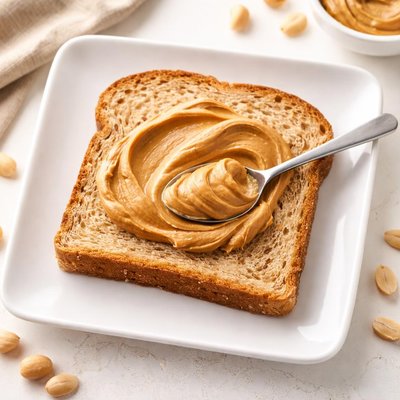 吐司面包片配汤匙花生酱