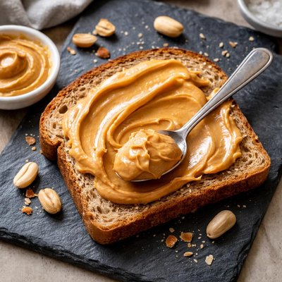 Rebanada de pan integral con cucharada de mantequilla de cacahuate