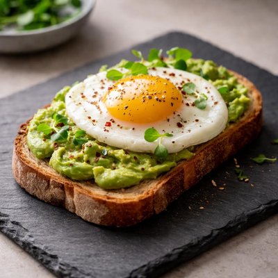Slice of bread with avocado and egg