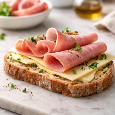 Scheibe Brot mit Käse und Schinken