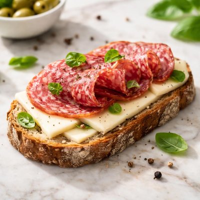 Slice of bread with cheese and salami