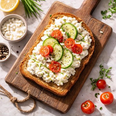 Rebanada de pan con queso cottage